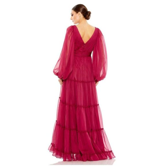 FLAWED - NWT Mac Duggal Ruffle Tiered Puff Sleeve A Line Gown 18 Berry #8247 - Picture 10 of 16